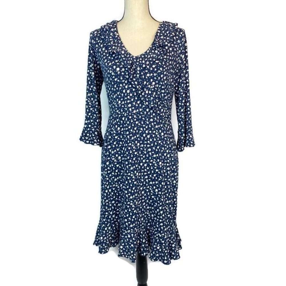 Boden Michaela Jersey Dress Daisy Print Navy Blue Womens 8 Faux Wrap